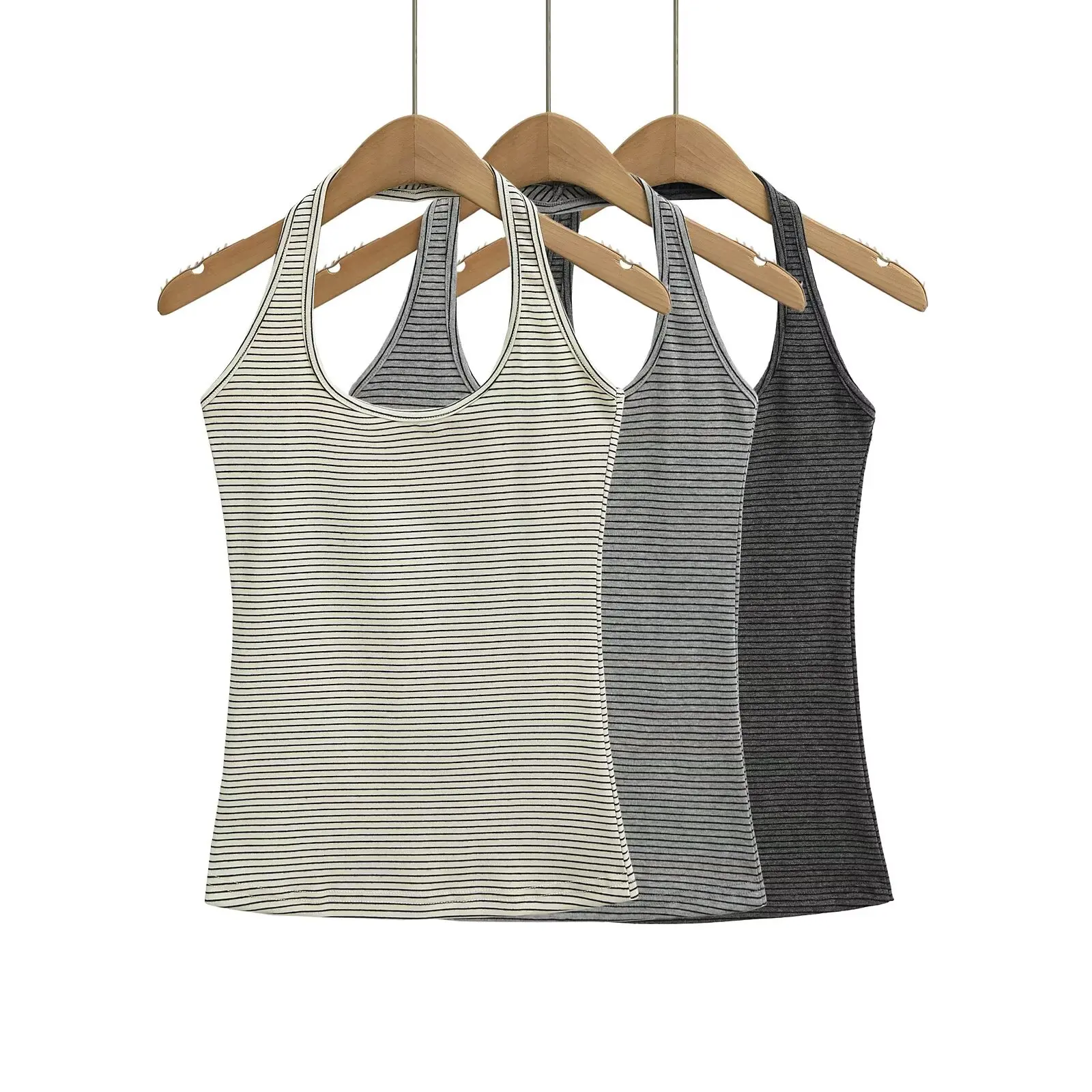 Street Style Slim Fit Striped Halter Neck Tank Top Sweet Net Red Outerwear Versatile Base Layer Short Sleeve Women's Vest