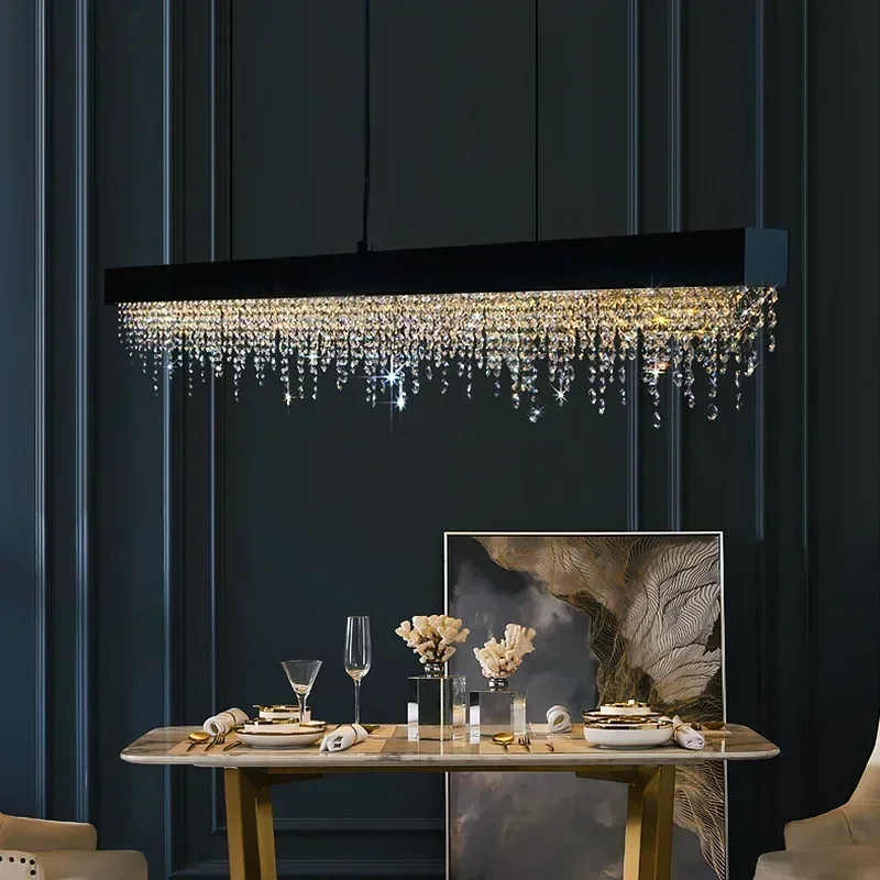 Modern Kitchen Island Crystal Chandelier Luxury Dining Room LED Hanging Light Fixture Gold/Black Home
