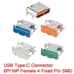 10Pcs USB Type-C Female Connector 6P/16P 4 Fixed Pin SMD High-Current Fast Charging Socket USB Connector For PCB Charging Port