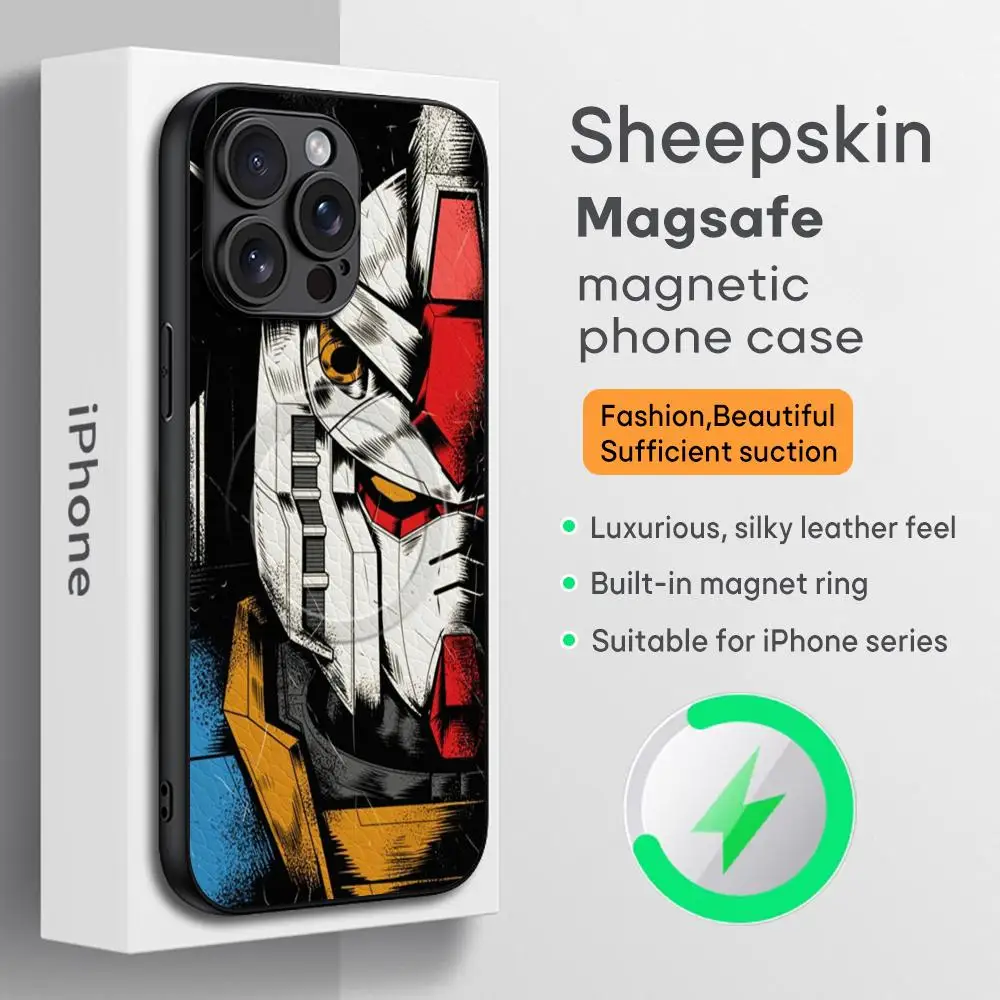 حافظة هاتف رائعة عملاقة G-Gund-am ROBOT لهاتف آيفون 16 15 14 13 12 11 Plus Pro Max فاخرة من جلد الغنم Magsafe