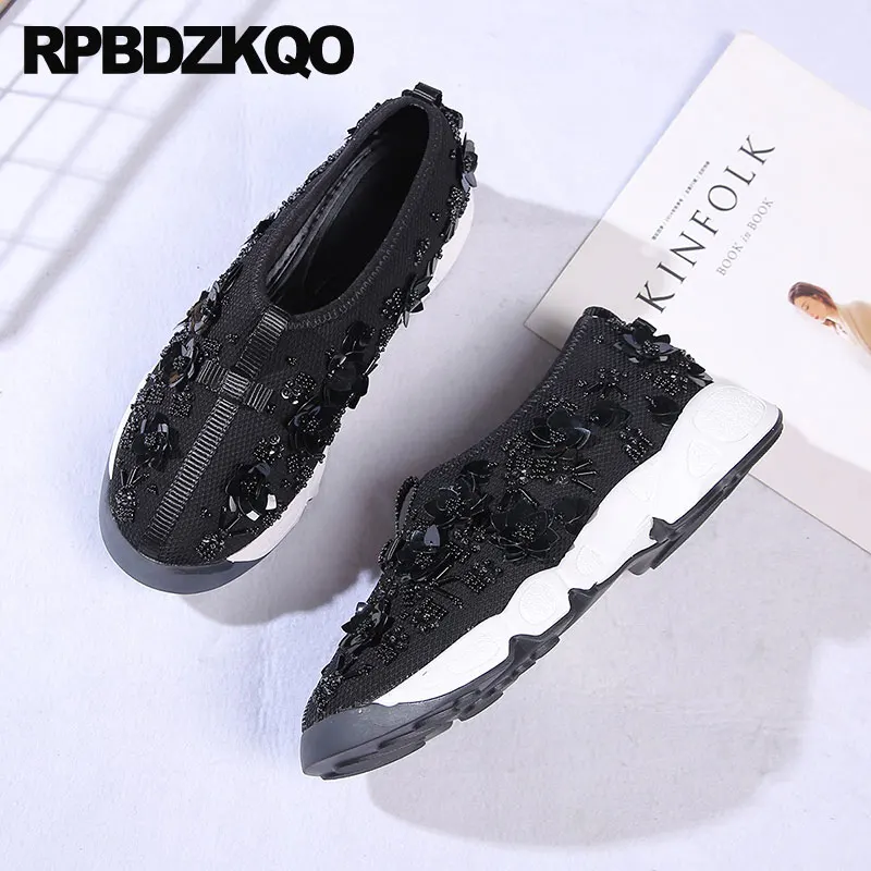 Women Diamond High Quality Bee Embroidered Sequin Floral Sneakers Ladies Beautiful Flats Shoes Pearl Embroidery Black Trainers