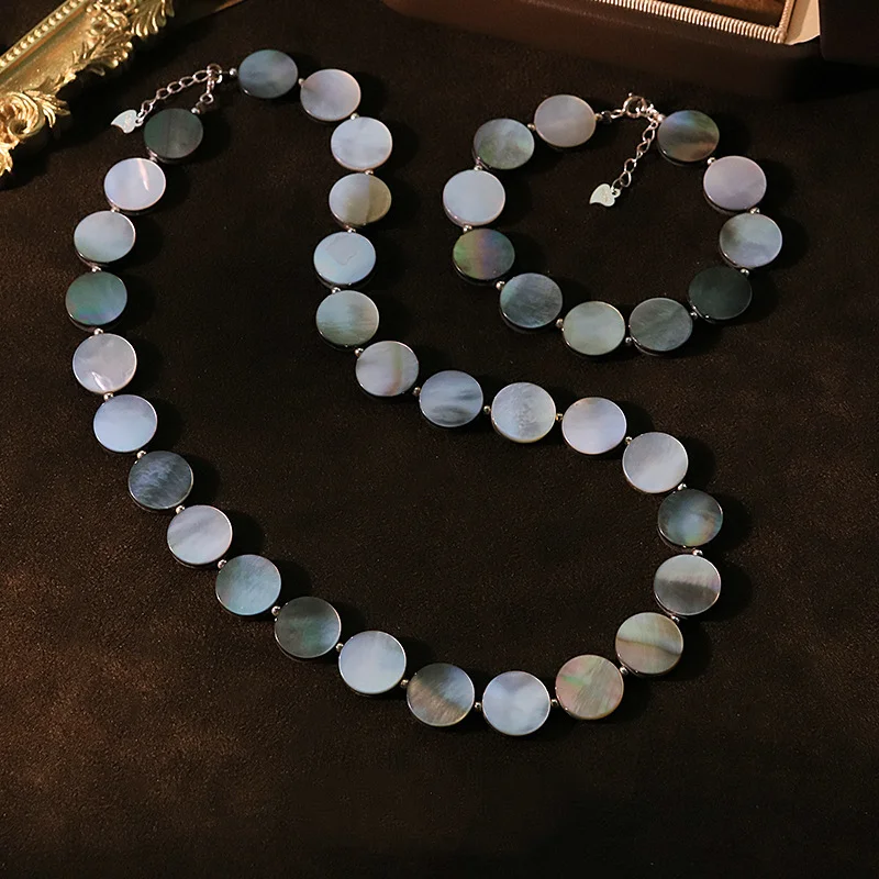 

Original Design Black Shell Necklace Bracelet Set for Women Fashion Flat Round Choker Chain Geometric Collar Luxury Jewelry Gift