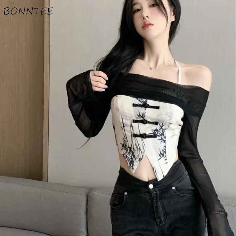 Women Sets Graceful Sheer Shawl Halterneck Camis Trendy Chic 2pcs Chinese Style Cropped Tops Streetwear All-match Sexy Popular