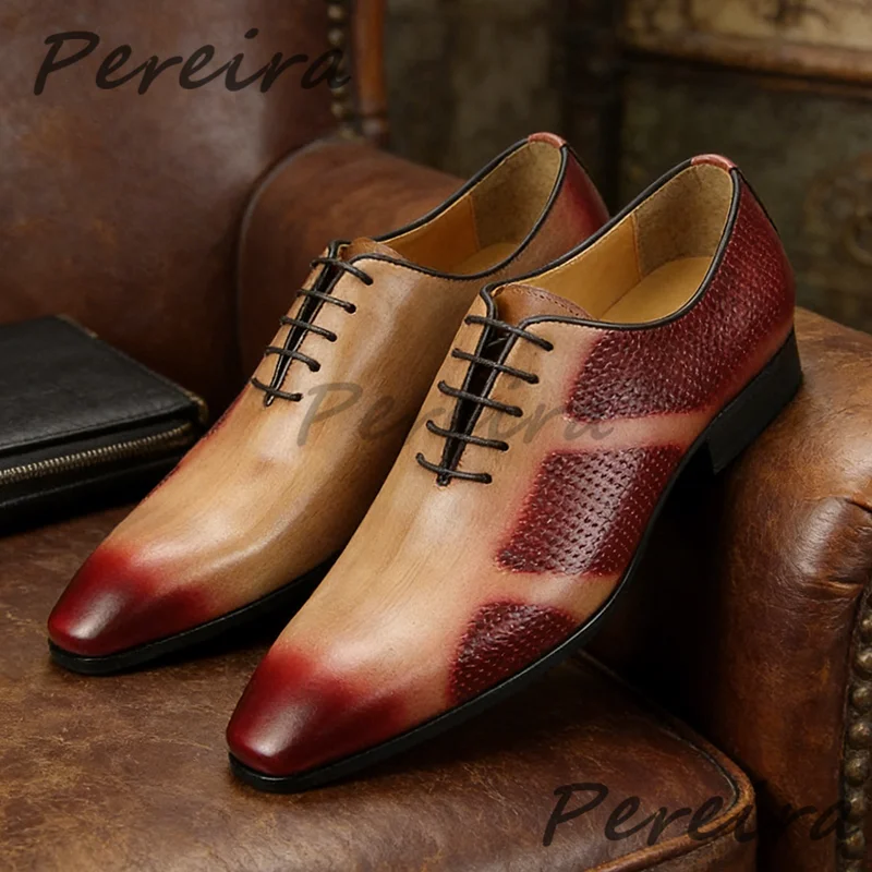 Men's Retro Mixed Color Lace Up Oxford Shoes Classic Design High Quality Genuine Leather Business Dress Shoes for Party Banquet
