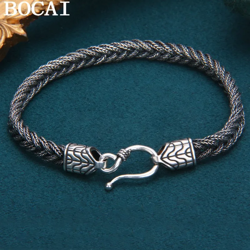 

BOCAI NEW S925 Sterling Silver Vintage Personality Hand Woven Fox Tail Bracelet Necklace