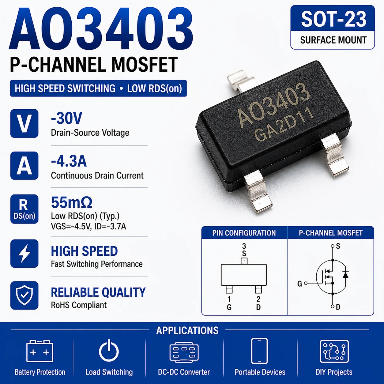 (100pc) AO3403 A39T SOT-23 P Channel MOSFET -30V -4.3A Low RDS(on) High Speed Switching Transistor