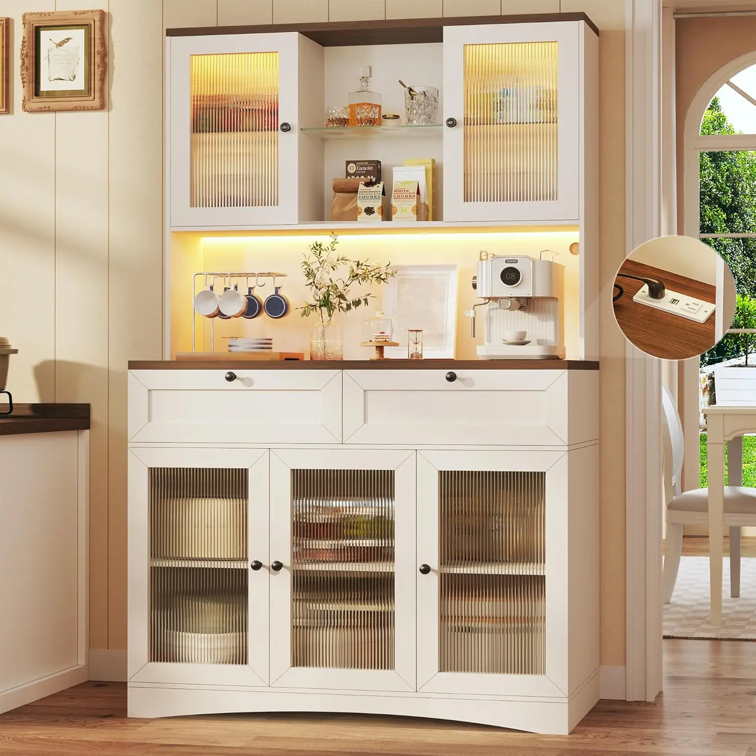 

71" Kitchen Pantry Cabinet with Lights & Acrylic Doors, Microwave Stand, Charging Station, Adjustable Shelves White