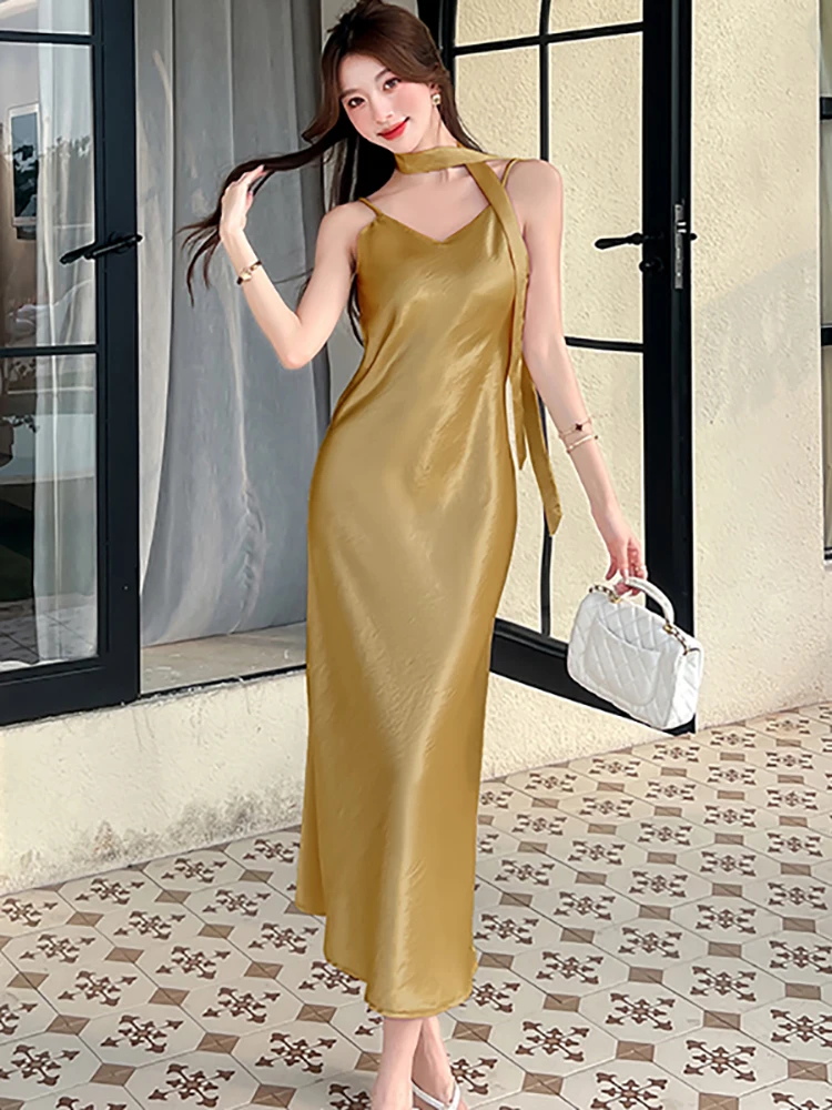 女性パープルサテンシックな V ネックセクシーなスリングロングドレス 2025 韓国ヴィンテージ高級イブニングドレス夏エレガントなボディコンパーティードレス