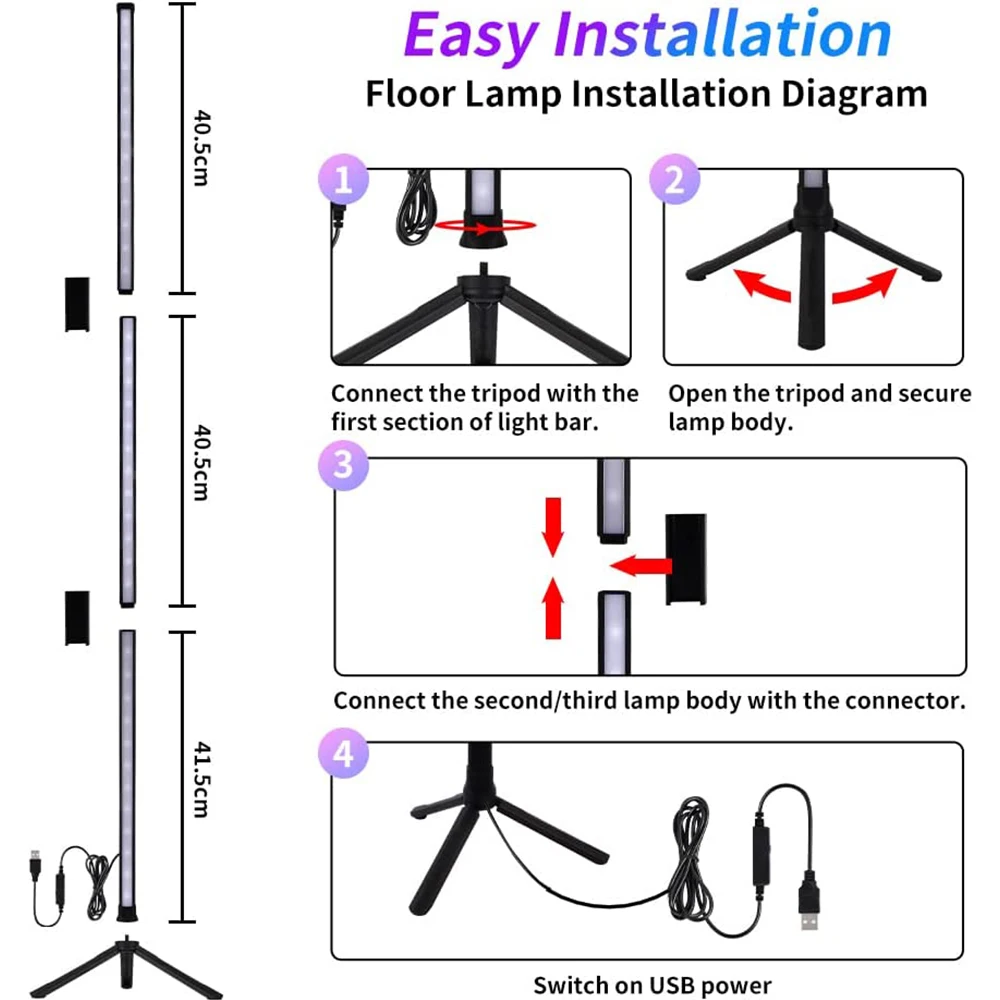 1.2m Smart Corner Floor Lamp Remote Dimmable RGB LED Strip Light Bar Tripod Standing Mood Lighting for Bedroom Gaming Room Decor