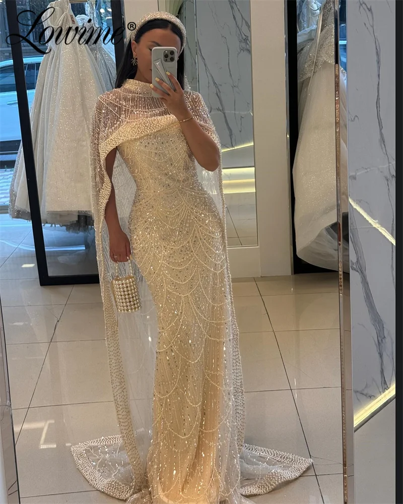 Lowime Haute Couture Muslim Evening Dress Formal Champagne Arabic Party Dress Wedding Cape Sleeve Mermaid Prom Celebrity Dresses