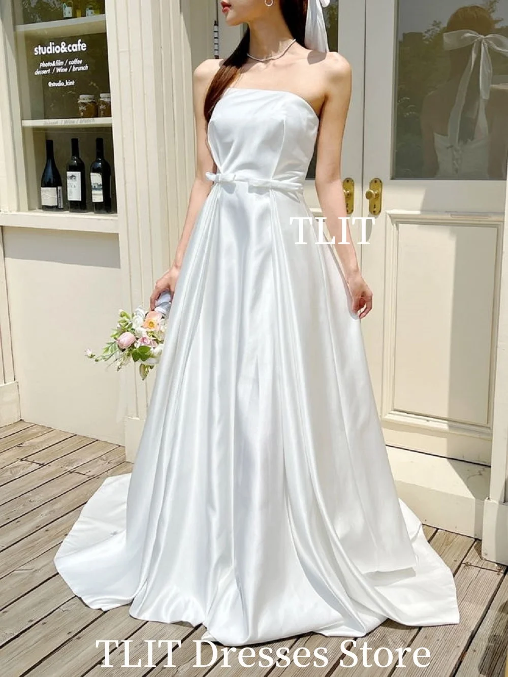 Tlit simples branco cetim vestidos de noite sem costas espartilho volta formal festa de formatura vestidos para fotos de casamento sessão arco personalizado