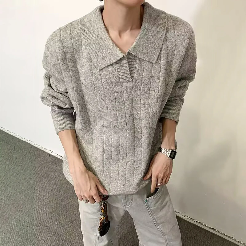 WTHT Fashion 2025 Winter Men's Solid Color Texture Knit Loose Sweater Trendy Turn Down Collar Long Sleeves T-shirts Male 2A2594