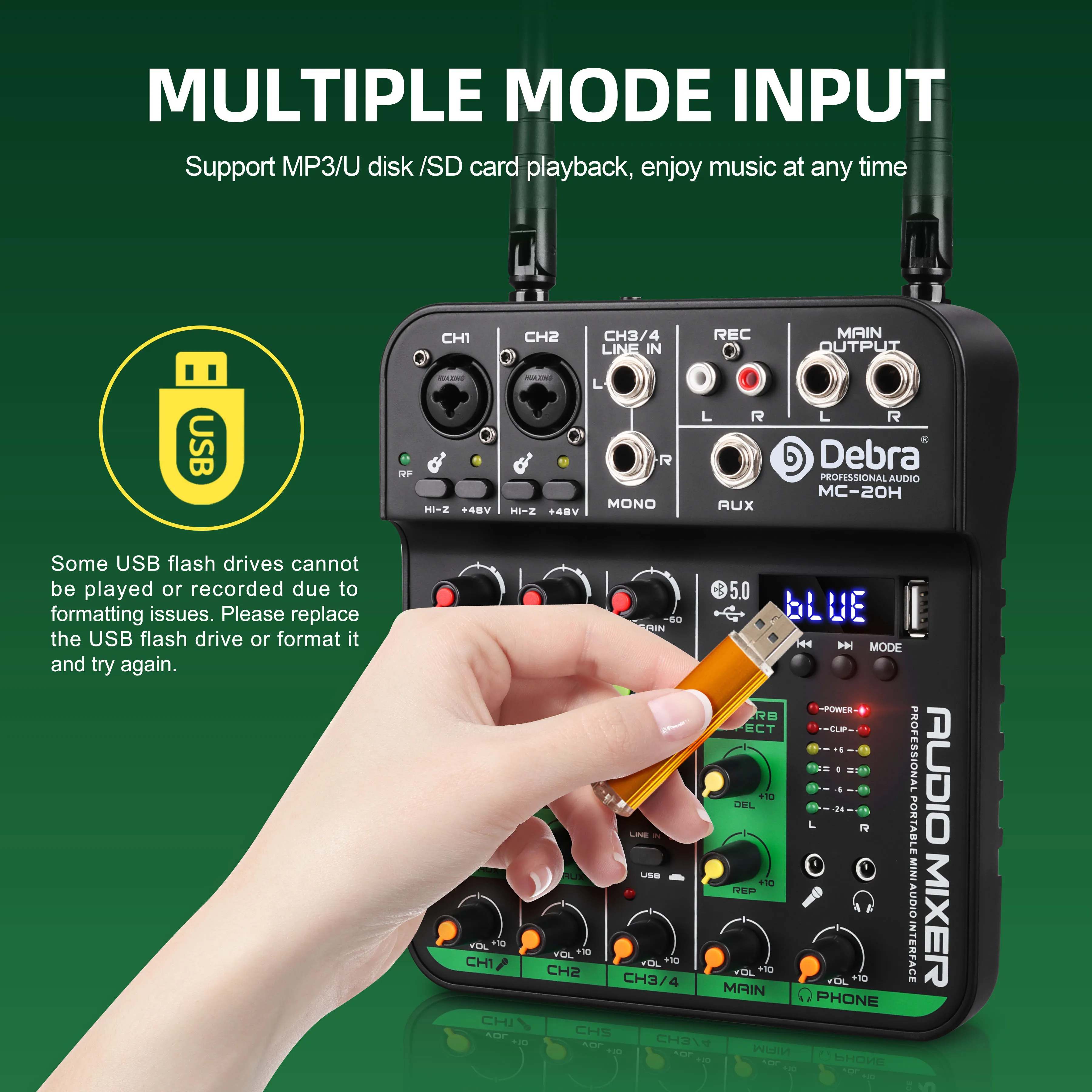 MC-20H Console de mixagem de áudio de 4 canais Mini USB DJ Mixer com microfone sem fio Função de mixagem de som e cancelamento de ruído