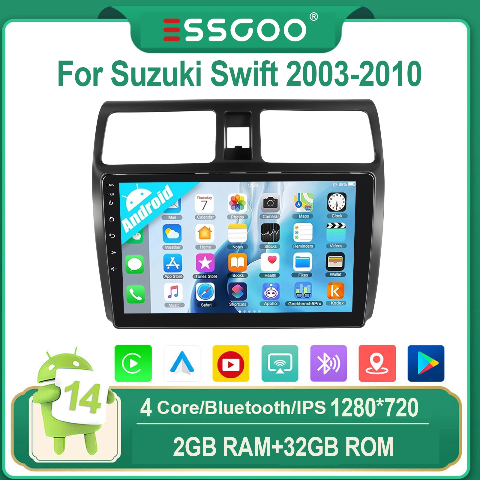 ESSGOO Voor Suzuki Swift 2003-2010 Android 14 10" IPS Touchscreen Autoradio Draadloze CarPlay Android Auto WIFI GPS Bluetooth FM Mirror Link Stuurwielbediening 4-Core Multimedia Videospeler