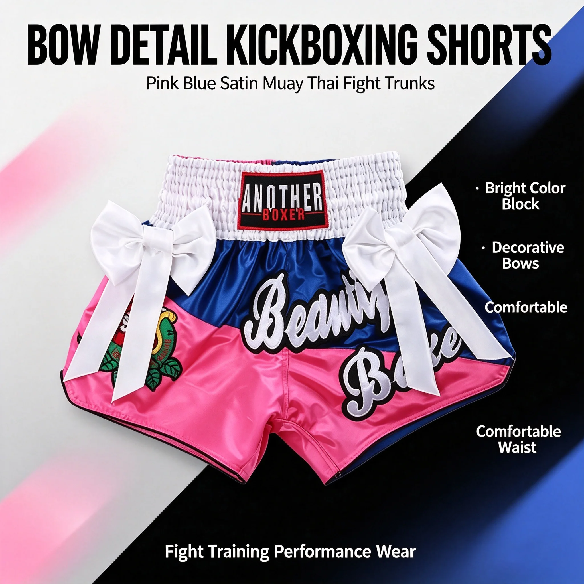 Muay Thai Fight Shorts Shiny Satin Embroidery Boxing MMA Kickboxing Gym Training Trunks Bow Decor Martial Arts Workout Shorts