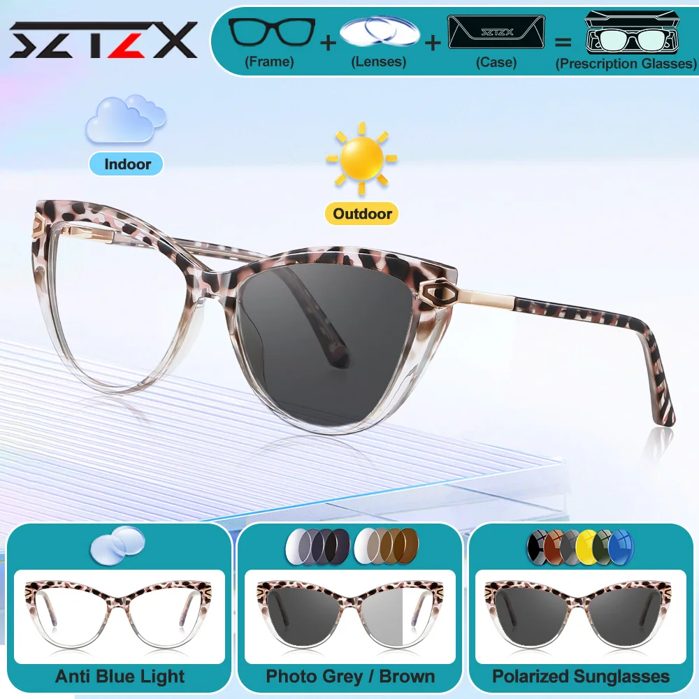 

SZTZX Women Vintage Anti Blue Light Computer Glasses Simple Cat Eye Glasses Design Prescription Photochromic Myopia Eyeglasses