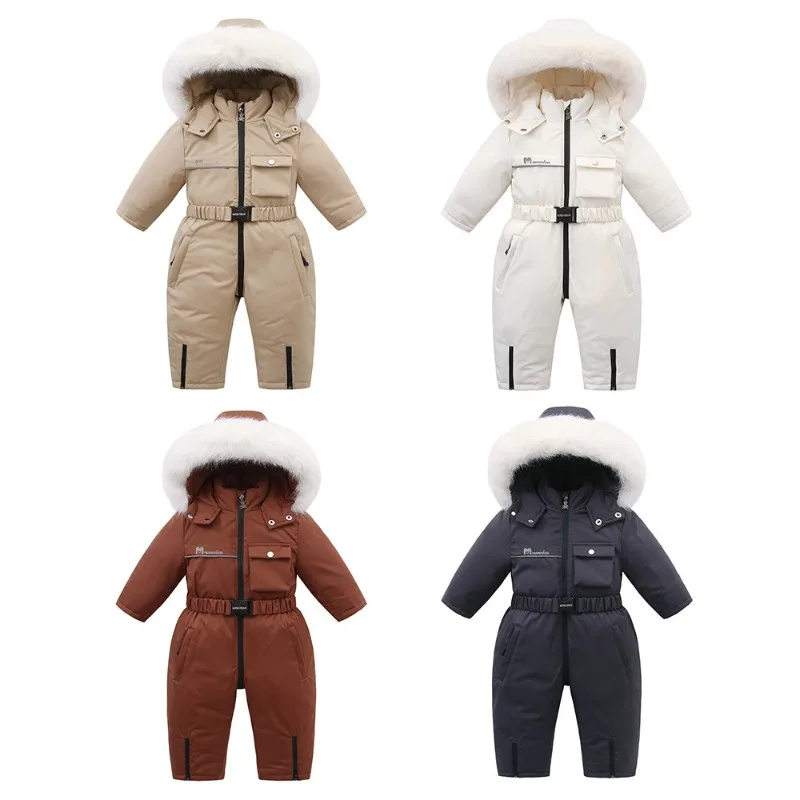 Bellbell Winter 2-6Yrs Boys Ski Suit Faux Fur Hooded Kids Boy Snowwear Suit Infant Boy Thick Children Jumpsuit One-piece Rompers