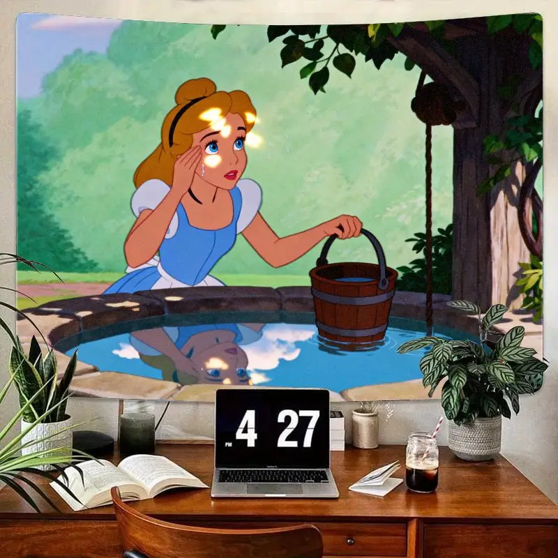 

1 шт., гобелен принцессы Золушки с колодением желаний, мечтательное синее платье, настенное искусство для спальни, гостиной, эстетический декор, подарок