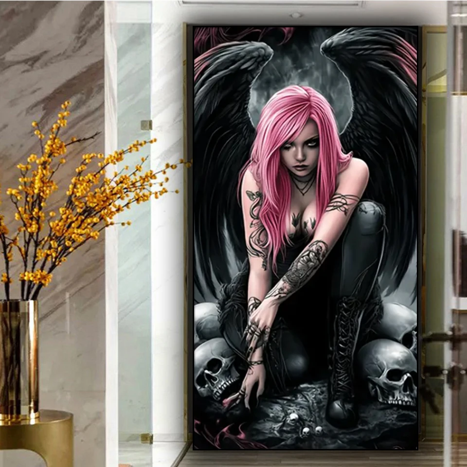 Pink haired Angel Diamond Mosaic full square/Round Diamond painting New 2024 diy Diamond Art Dark Gothic Girl Home decoration