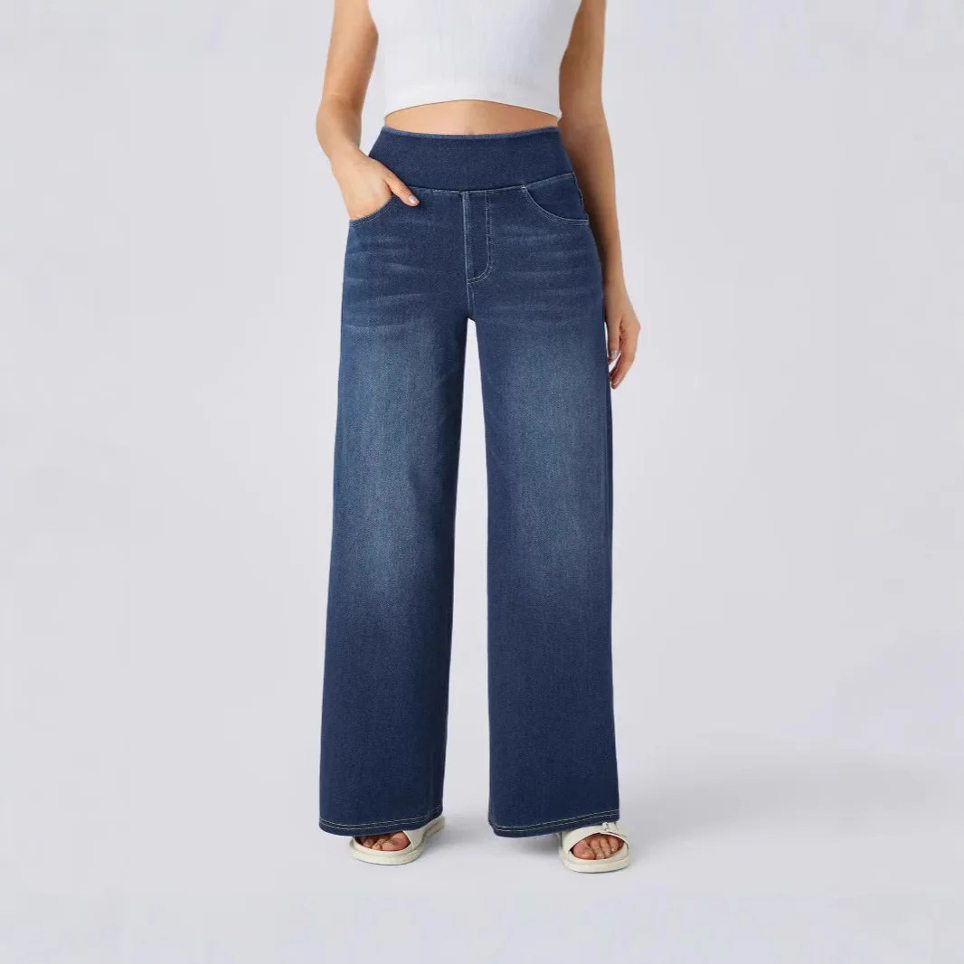 New High Waist Slimming Multi Pocket Straight Wide Leg Jeans Women Dark Blue Sky Blue Light Gray Azure Blue Fashion Trendy Style
