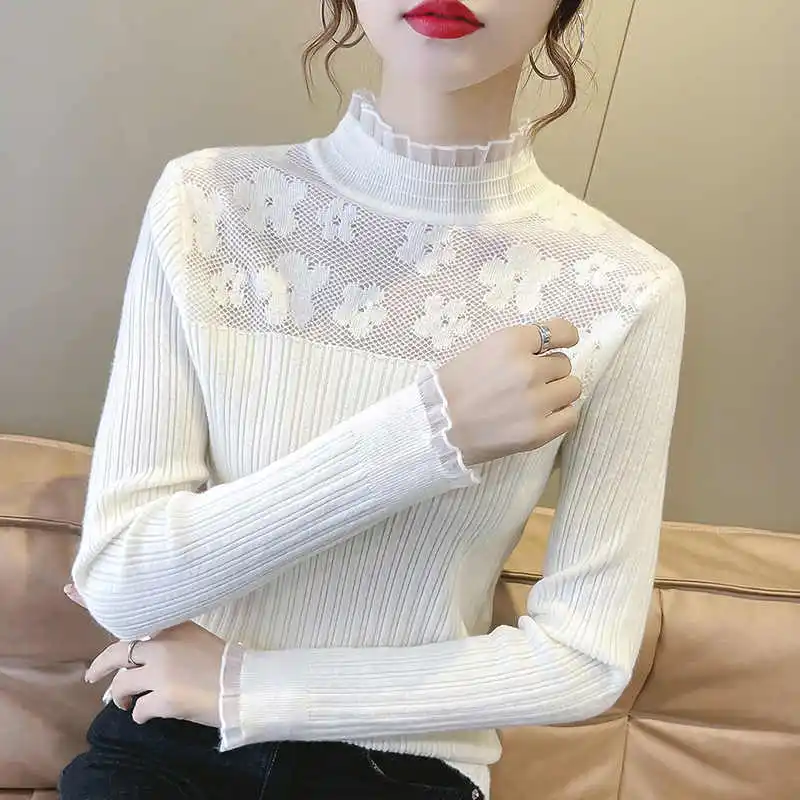 

Flower Lace Knitted Sweater Women Pullover Autumn/Winter Long Sleeve Top Fashion Half High Collar Sweater