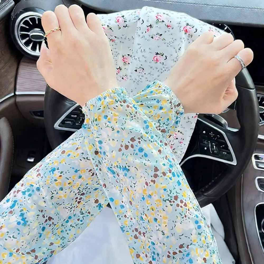 New Floral Print Ice Silk Sleeves for Women UV Protection Arm Protectors Long Sleeves Elastic Loose Fit Gloves