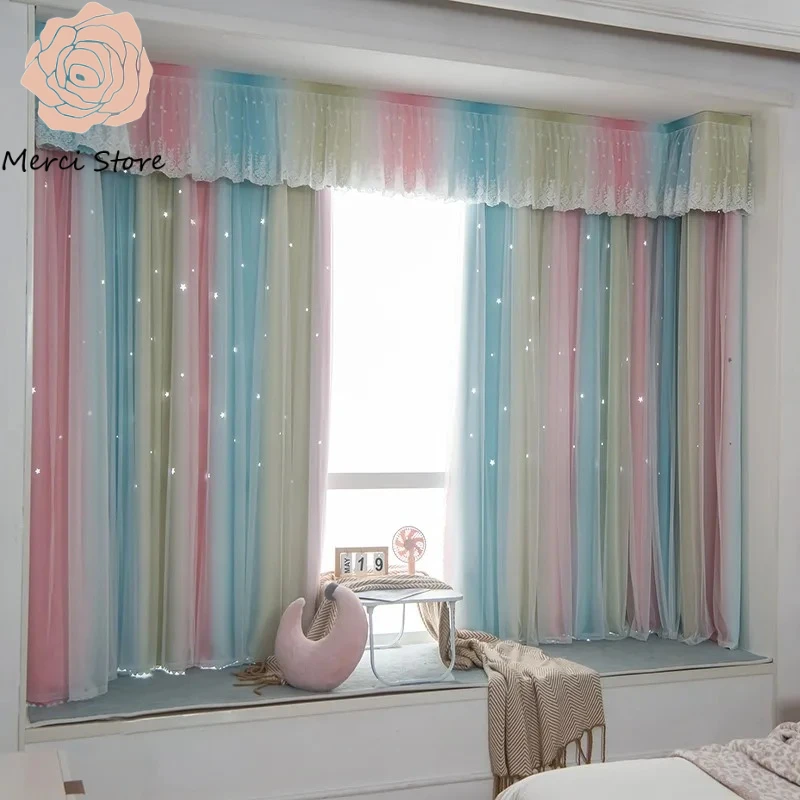 

Ins Style Rainbow Lace Gauze Blackout Curtains for Girls Room Window Drapes with Decorative Curtain Head Trendy Kids Decor