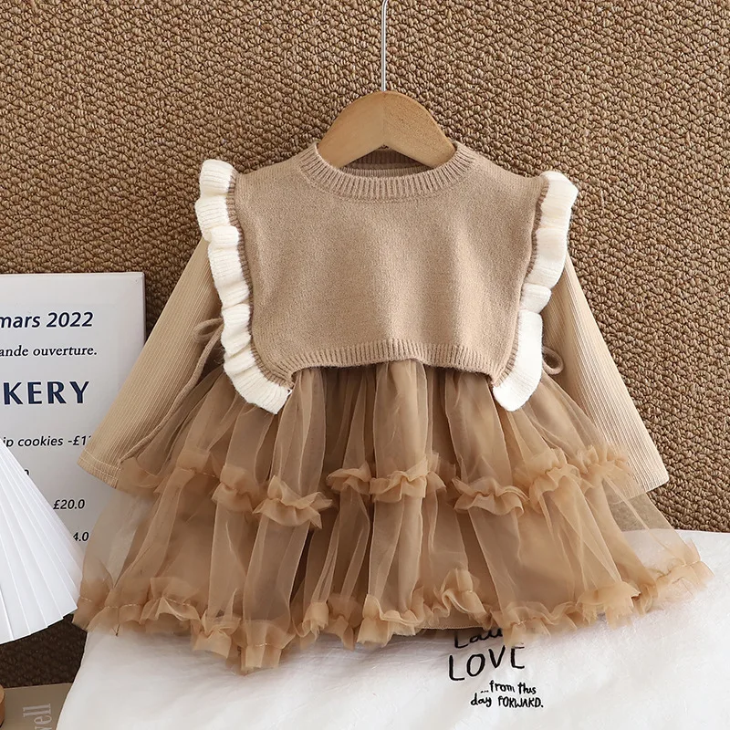 Autumn Girls Clothes Sets Sweater Vest Tops Long Sleeve Dress Sets Children Suits Kids Girls Princess Tulle Dresses Spring Suits