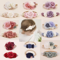 Popular Beautiful Spring Rose Blossoms Pink Purple Green Blue Handmade Nylon Headband for Girls Daily Matching with Party 2pcs