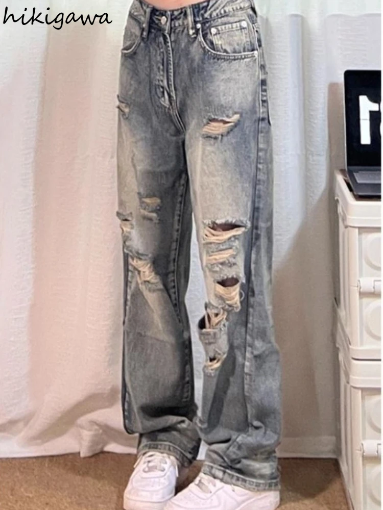 

Vintage Wide Leg Pants for Women 2024 New Bottoms Streetwear Hollow Out Hip-hop Y2k Jeans Casual Fashion Trousers Pantalon Femme