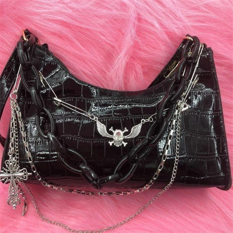 Gothic Dark Punk Underarm Bag With Skull Shoulder Bag Y2k Chain Crocodile Pattern Crossbody Bag Korean Popular Aesthetic Bags