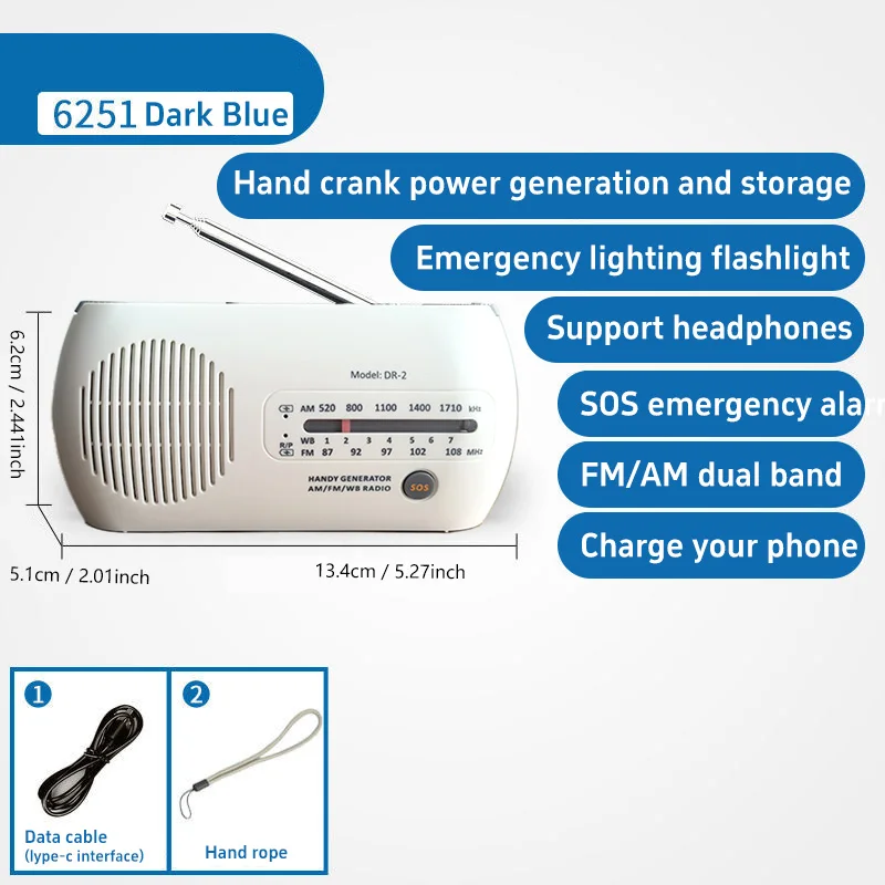 

DR-2 Emergency Multifunctional Radio FM AM SOS USB Charging Hand Crank Portable Radio 1200mAh Power Bank LED Flashlight Torch