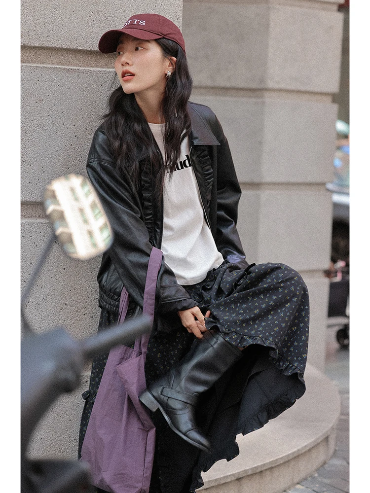 Zwart leren jack dames motorjas met rits, losse pasvorm, lange mouwen, kraag, bovenkleding, modieus voorjaar, nieuwe collectie