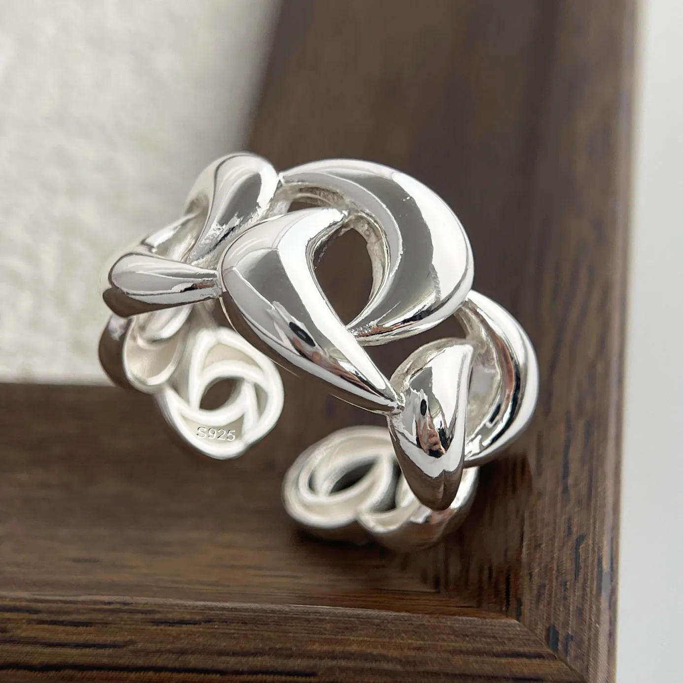 Women's 925 Sterling Silver Handmade Simple Flower Bow Heart Ring