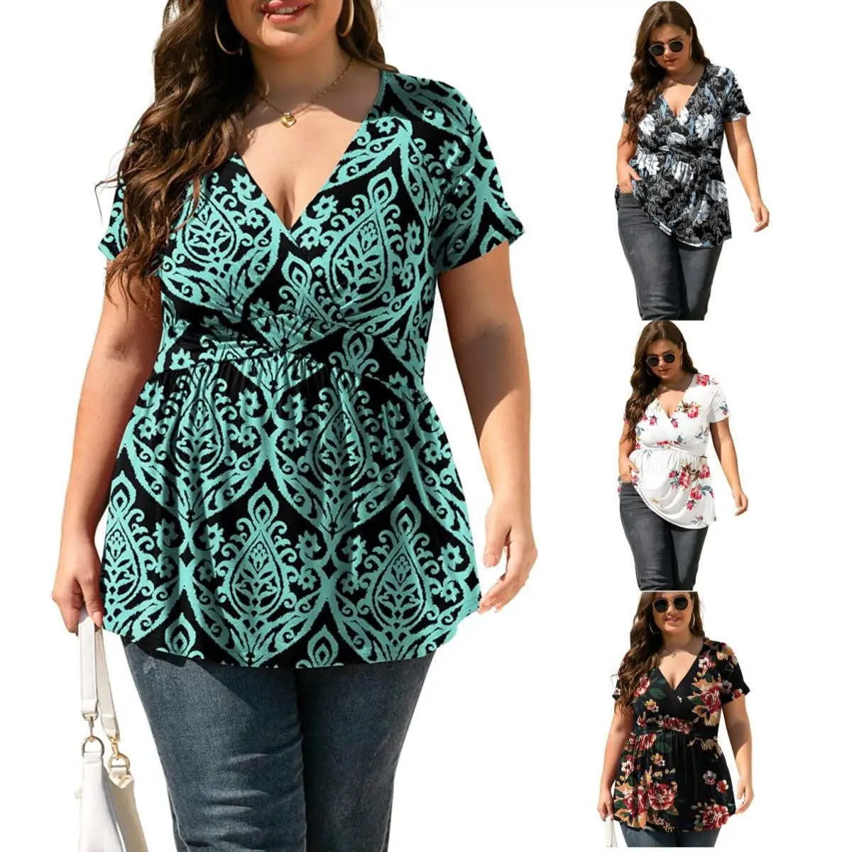 Cseta Plus Size Estampada Fena Estilo Étnico Solta de Aodão Manga Curta Gola Redonda Crimento Médio Casual para N...