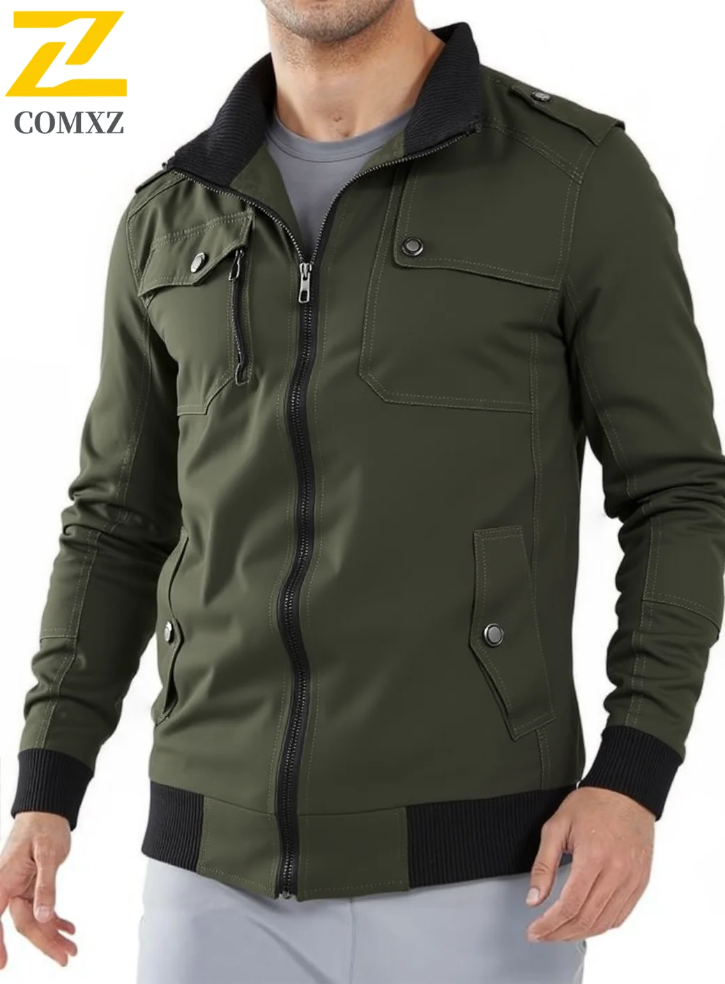 

Mens Solid Color Full Zip Cotton Jacket Big Size Lightweight Fall Coat Stand Collar Multiple Pockets Casual Outerwear