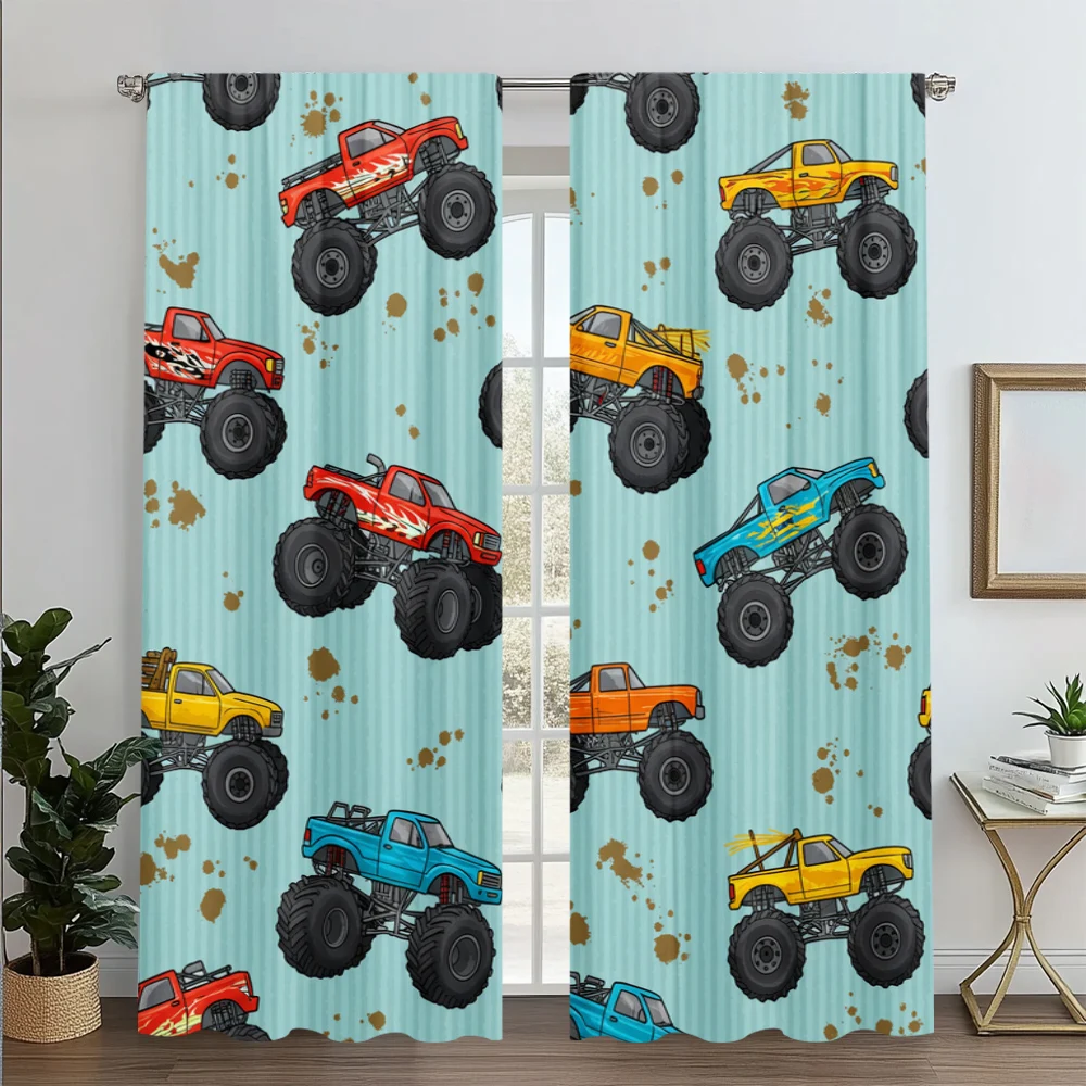 2pc, Scene Curtain Cute Monster Truck Versatile Fabric,Without Electricity Holiday Decorations Use for translucent polyester