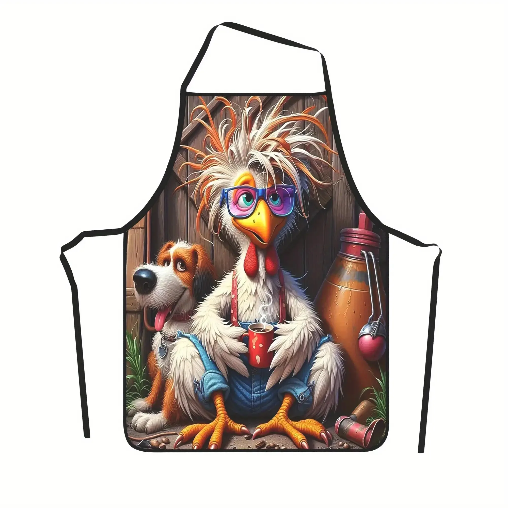Funny Rooster and Dog Apron, Cool Cartoon Chicken with Glasses Graphic Cooking Bib, Novelty Farm Animal Kitchen Decor