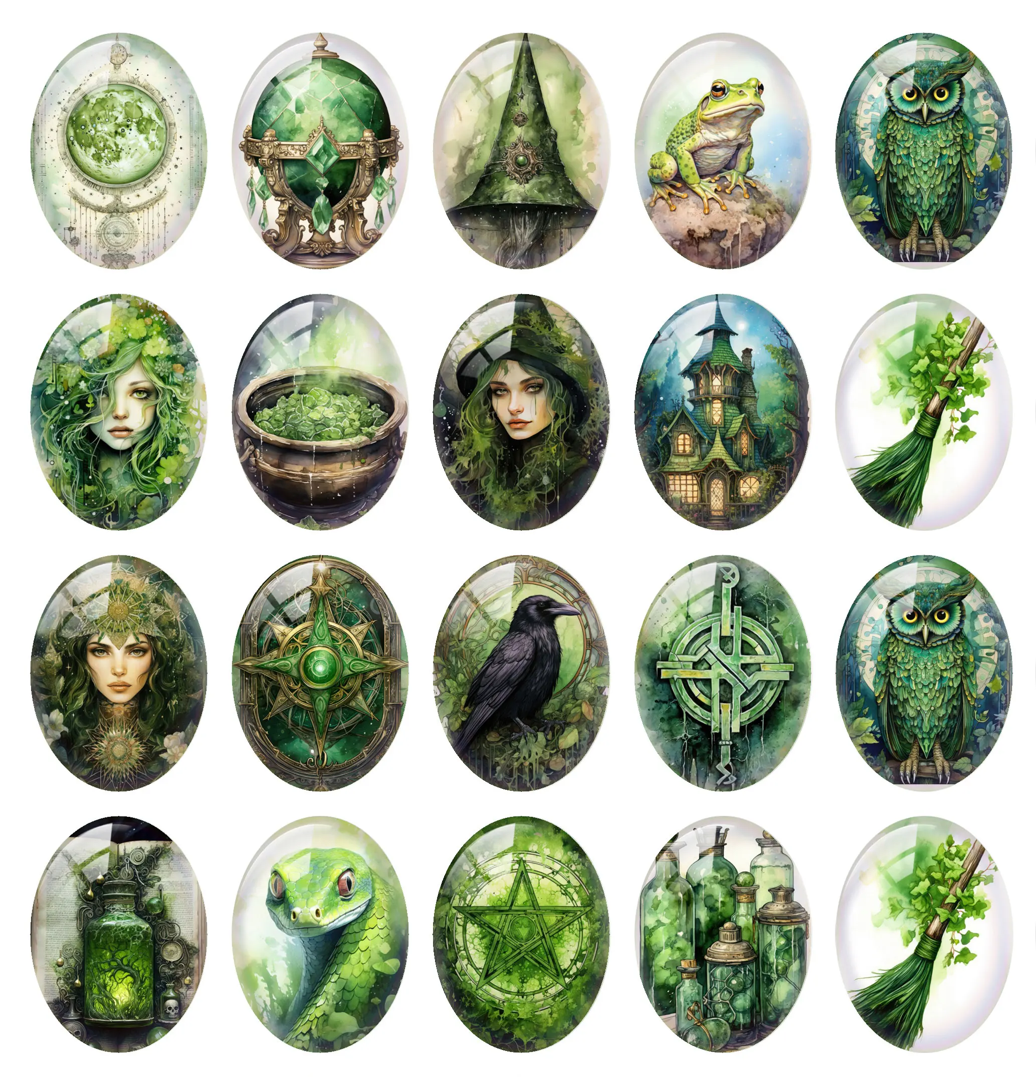 10pcs/lot Halloween Green Witch Wizard Owls Crow Cauldron Oval Photo Glass Cabochon Flatback Demo Cameo Diy Jewelry Making