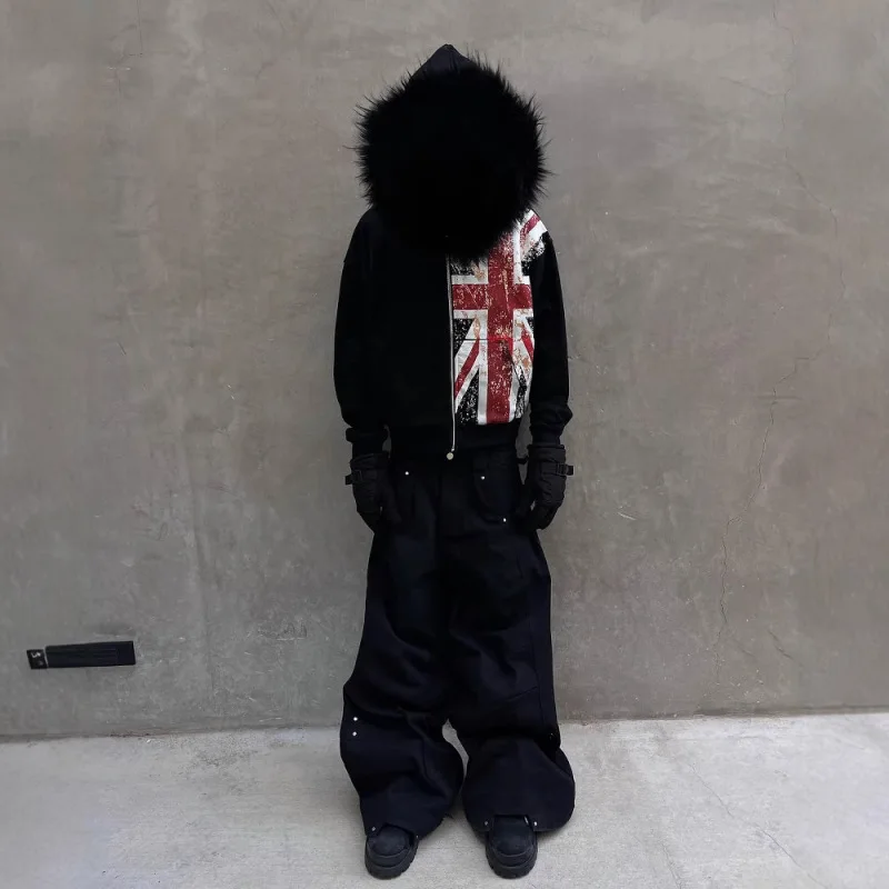 Übergroßer schwarzer Kapuzenpullover mit Kunstpelzkragen für Damen, 2025, Vintage-Stil, UK-Flagge, Aufdruck, Streetwear, Reißverschlussjacke, Gothic-Punk-Mode-Oberbekleidung
