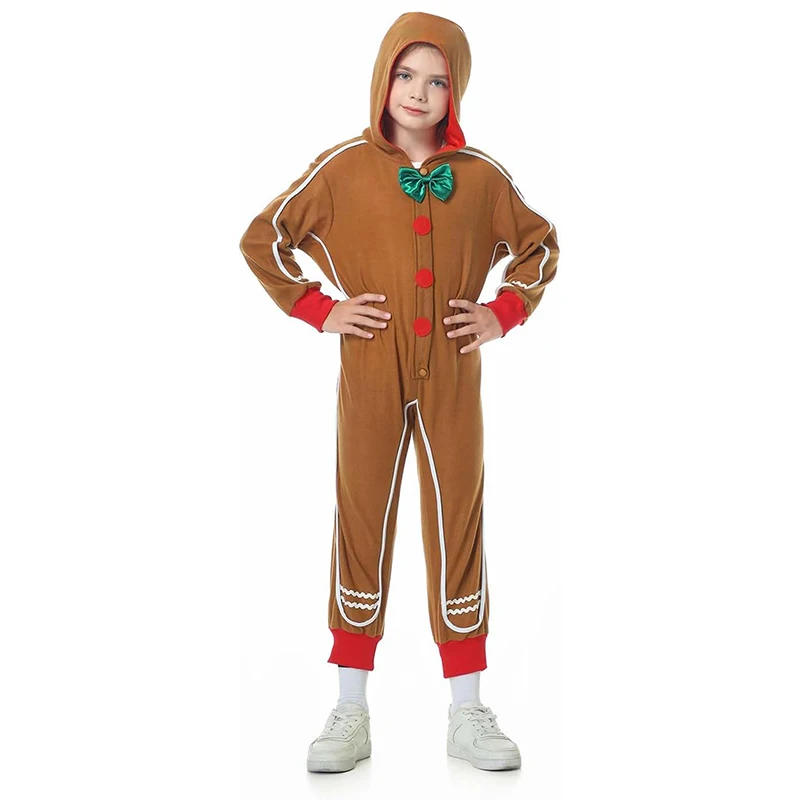 Christmas Gingerbread Costume for Kids Deluxe Long Sleeve Bowtie Jumpsuit Holiday Cosplay Outfit