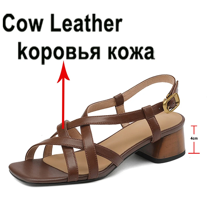 Meotina Women Genuine Leather Square Toe Thick Mid Heel Sandals Buckle Narrow Band Ladies Fashion Casual Shoes Summer Beige