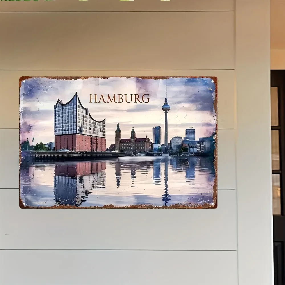2D Flat Retro Wall Art Hamburg Germany Aluminum Plaque 20.32x30.48cm Iconic Landmark Wall Sign Hanging Decor for Living Room