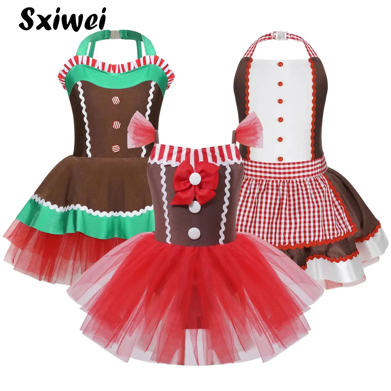 

Girls Christmas Gingerbread Costume Striped Bowknot Apron Tutu Dance Dress Hallowee Xmas Holiday Ballet Leotard Stage Dancewear