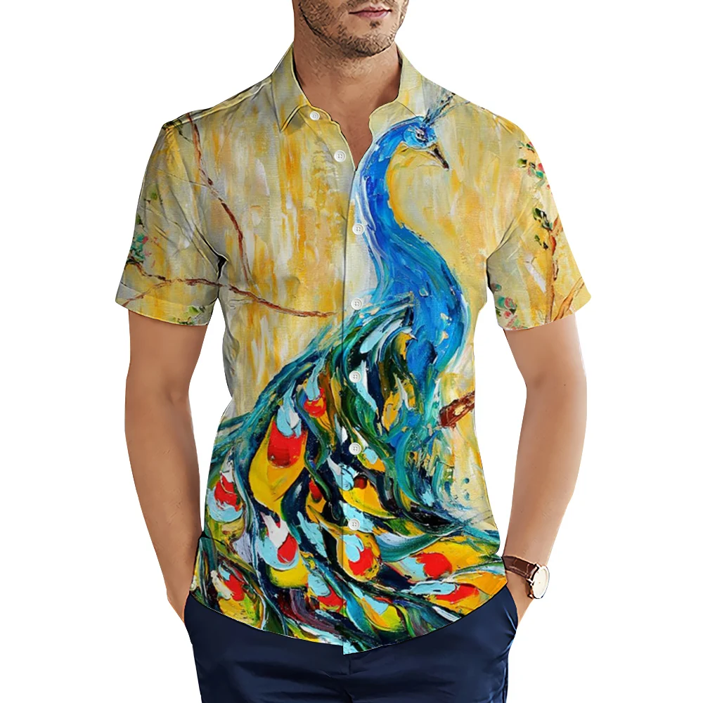 HX Fashion Men Shirts Animal Peacock Oil Painting Art 3D Graphic Casual Shirts Summer Short Sleeve Tops Camisas Dropshipping