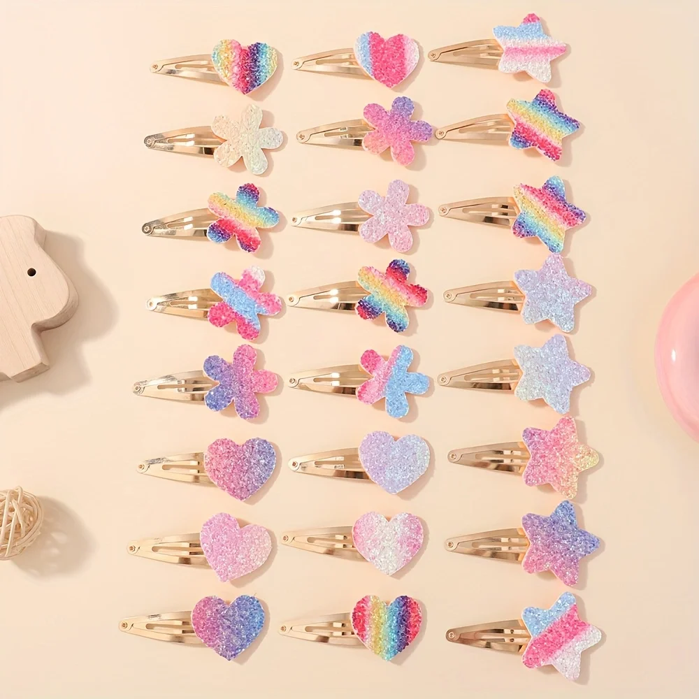 Cute Glitter Hair Clips for Girls, Rainbow, Heart, Star, BB, Handmade Hairpins, Barrettes, Headwear, Hair Accessories, 24Pcs Set