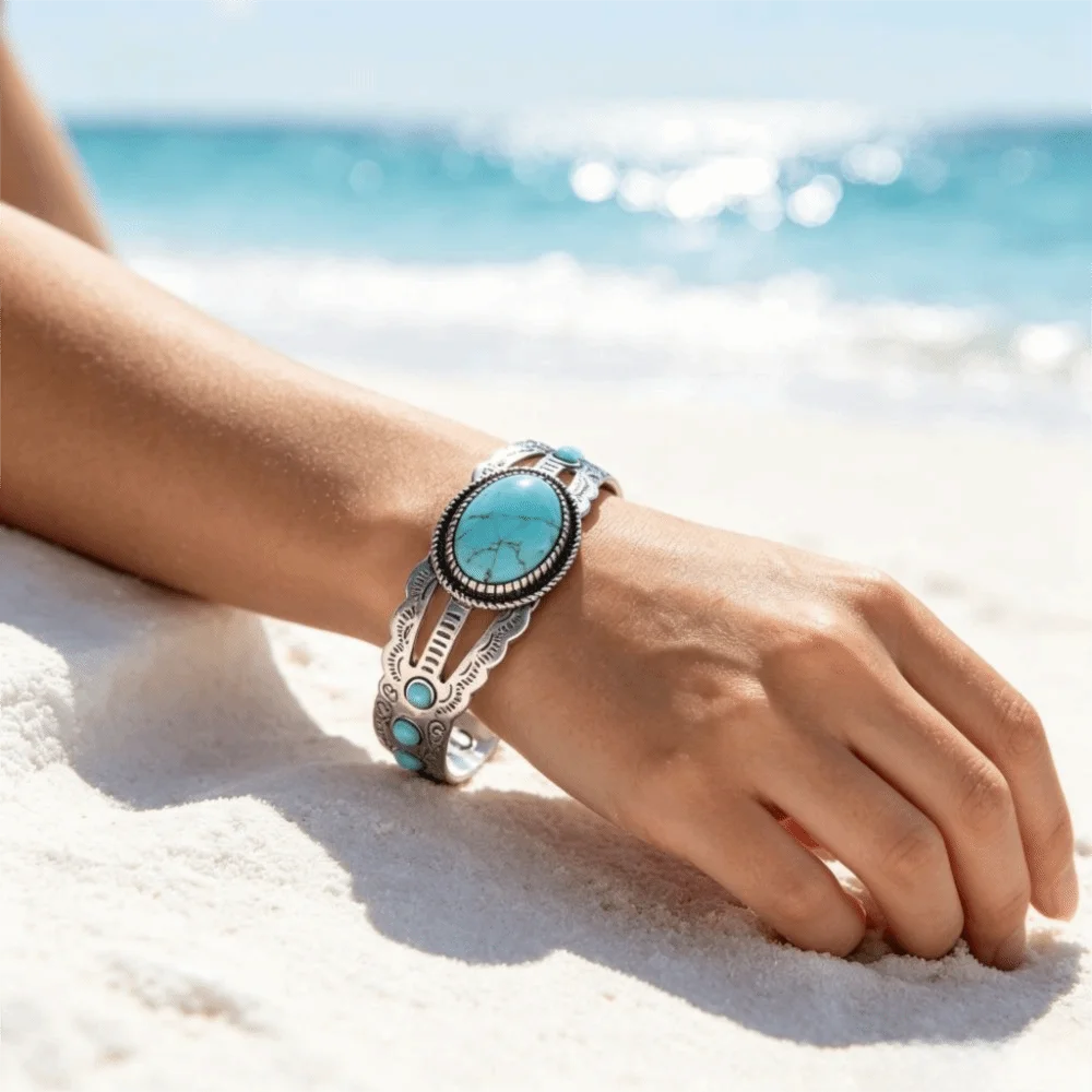 Faux Turquoise Imitation Turquoise Bangle Imitation Turquoise Adjustable Cuff Bracelet Silver Color Metal Artificial Turquoise
