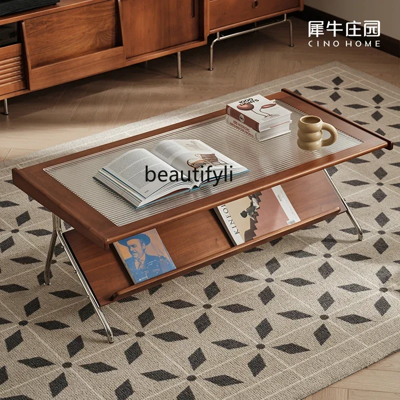 xzChanghong glass coffee table with transparent water ripples, tea table, living room home simple solid wood tea table