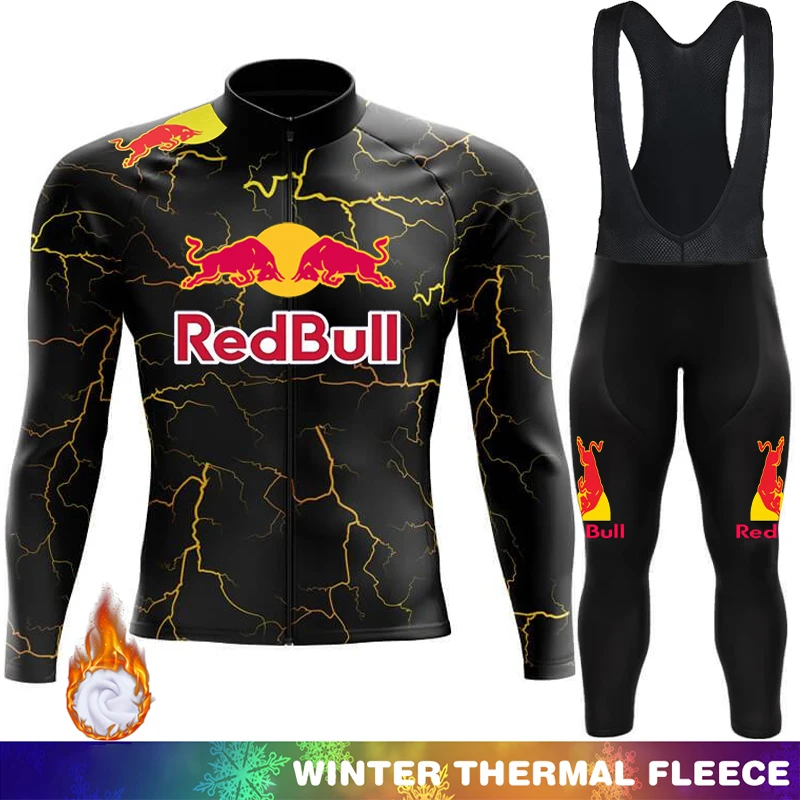 

Winter Thermal Fleece Cycling Bib Men Clothing Red Bull Long Sleeve Jersey Men's Outfit Jumper Triathlon Sportswear Set Man Suit