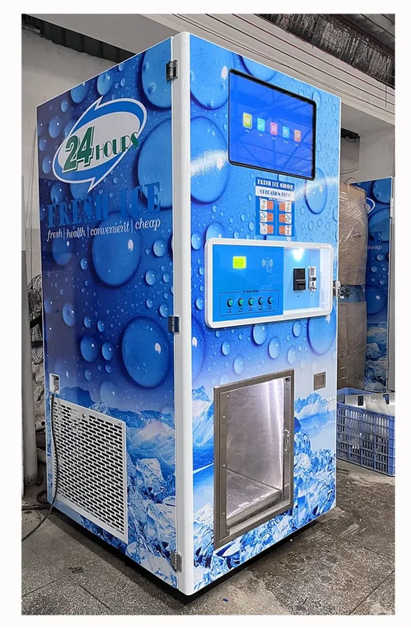 Smart Coin Operated Nugget Ice Cube Maker Machine Vending Kiosk Commercial Ice Cube Machine Block Ice Plunge with auto bagging